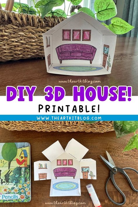 DIY 3D House - Living Room - FREE PRINTABLE! Room Template, House Printable, Box Printable, 3d Living Room, Mini Dollhouse, Box House, House Template, Etiquette And Manners, 3d House