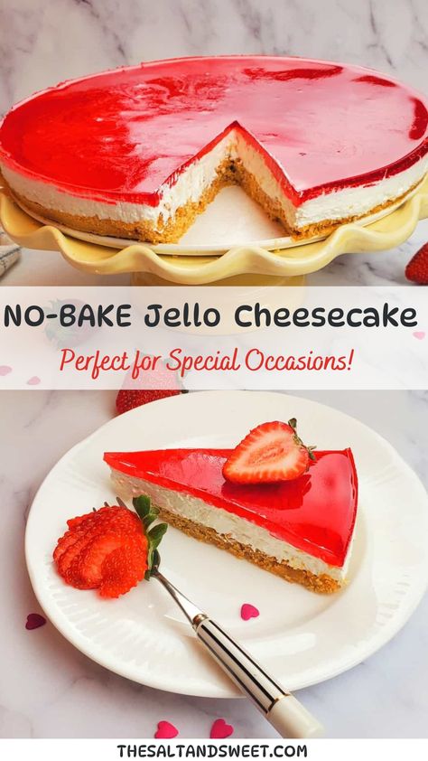 You’ll love this NO Bake Jello Cheesecake made with creamy filling and graham cracker crust, then topped with a layer of tangy strawberry jello. Shout out to all the no bake cheesecake fans! Cream Cheese Jello Dessert, Jello Cheesecake Pudding Recipes, Jello Cheesecake Recipes, Strawberry Jello Cheesecake, Jello No Bake Cheesecake, Icebox Pies, Jello Pudding Recipes, Graham Cracker Crust Cheesecake, Cool Whip Pies