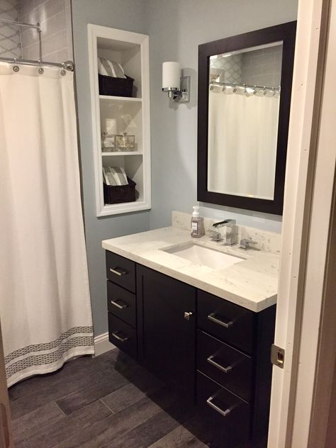 Bathroom with grays and espresso vanity! Bathroom With Espresso Vanity, Espresso Vanity Bathroom Ideas, Dark Cabinets Bathroom, Dark Vanity Bathroom, Espresso Bathroom Cabinets, Espresso Bathroom Vanity, Dark Brown Bathroom, Brown Bathroom Vanity, Dark Brown Floor