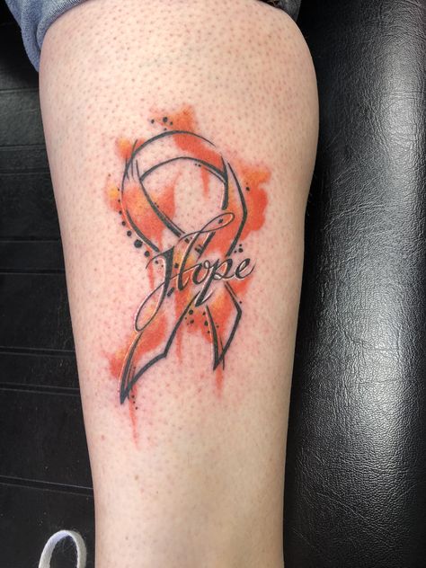 Watercolor Awareness Ribbon done by Matt #awarenessribbontattoo #msribbontattoo #watercolortattoo #ink Watercolor Ribbon Tattoo, Ms Ribbon Tattoo, Awareness Ribbon Tattoo, Awareness Tattoo, Health Tattoo, Sister Tattoo, Ribbon Tattoos, Memorial Tattoo, Memorial Tattoos