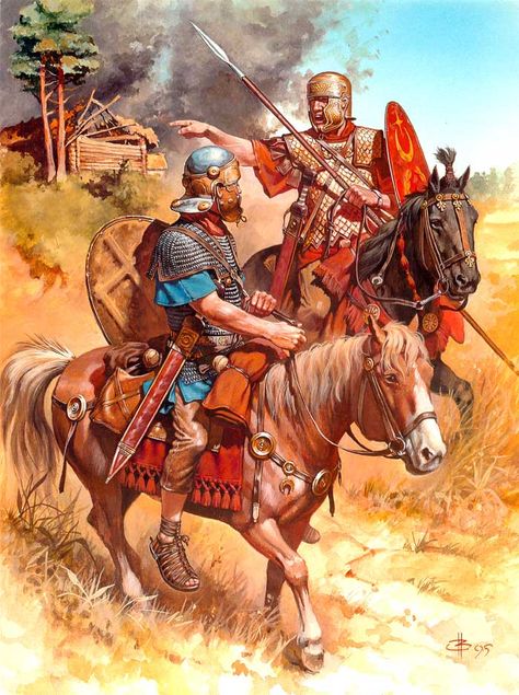 At the height of the Roman empire in second century AD, legionaries represented less than half of the entire army. Most of the army were auxiliary soldiers! They served as infantry, archers, cavalry, and slingers! Roman Cavalry, Roman Warriors, Historical Warriors, Roman Army, Roman Legion, Historical Illustration, Roman Era, Rome Antique, Ancient Warfare