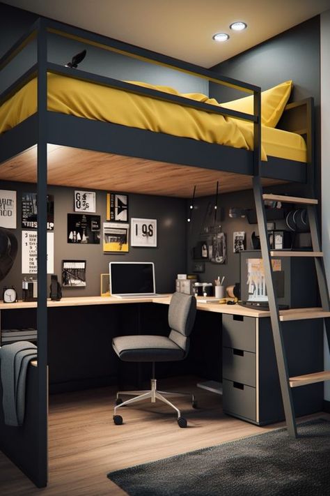 Loft Beds For Small Rooms, A Loft Bed, Small Room Makeover, Loft Style Bedroom, Beds For Small Rooms, Loft House Design, Boys Bedroom Makeover, Bed With Desk, Bed In Closet Ideas