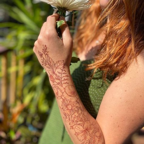 insta: @iampoppy @krisolsentattoo Brown Sleeve Tattoo, Henna Style Tattoo Sleeve, Brown Tattoos Ink, Brown Tattoo Sleeve, Brown Floral Tattoo, Tattoo Brown Ink, Brown Tattoos For Women, Dark Brown Tattoo, Brown Tattoo Ideas