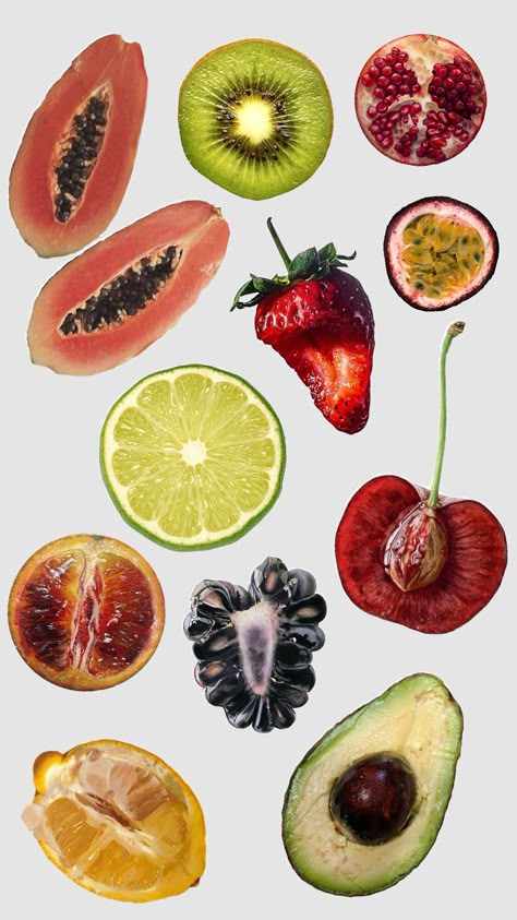 I just put a bunch of fruit on here #fruit Cut Open Fruit, Fruit Reference Photo, Vegetable Wallpaper, Frutas Aesthetic, Fruit Graphic Design, Fruit Composition, Fruits Poster, Fruit Collage, Pretty Fruit