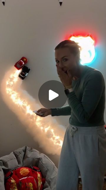 Kayzie Weedman - Working Mom | Lifestyle | Family on Instagram: "I CANNOT EVEN CONTAIN MY EXCITEMENT 👏🏽 This has got to be one of my favorite DIY projects yet! I mean how cute is this cars burnout on the wall?! Can’t you just picture Sheriff and Lightning racing down Radiator Springs?! Let me know if you guys try this DIY @pixarcars burnout on your wall ❤️🏁🏎️ #toddlerbedroom #pixarcars #lightningmcqueen #kidsbedroom #kidsroomdecor #kidsroomdesign #bedroomsurprise #birthdaysurprise #toddlerboy #momlife #diyhomedecor #diyproject" Cars Theme Room Boys, Lightning Mcqueen Bedroom Ideas, Hotwheel Bedroom, Race Car Bedroom Ideas, Race Car Bedroom Ideas For Boys, Car Room Ideas For Boys, Car Guy Room, Boys Car Themed Bedroom, Lightening Mcqueen Bedroom