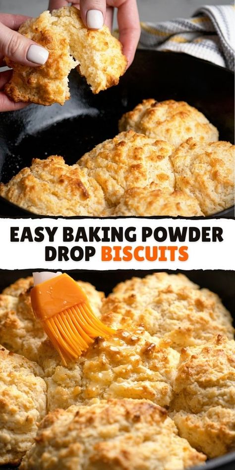 Easy Baking Powder Drop Biscuits Drop Biscuit Recipe, Bread Spreads, Homemade Drop Biscuits, Buttermilk Drop Biscuits, Easy Drop Biscuits, Southern Foods, Drop Biscuits Recipe, Easy Homemade Biscuits, Baking Powder Biscuits