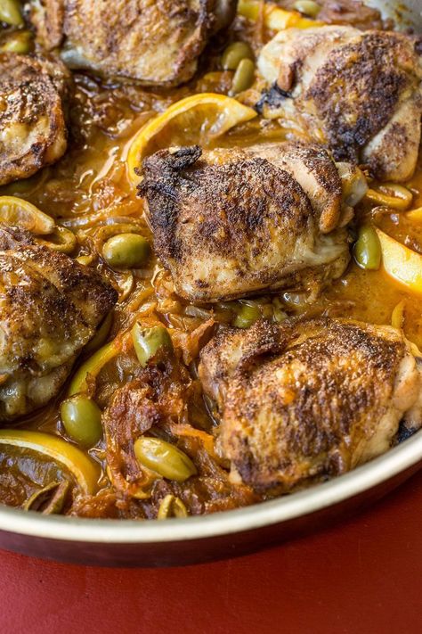 Chicken Thighs with Onions and Green Olives /  A sauce dense with onions, lemon and olives also keeps the meat moist and hits nice notes of savory, sweet, tart, and salty.  A bit of hot sauce keeps it lively.  #chicken #passover Nice Notes, Spring Night, Chicken With Olives, Passover Recipes, Braised Chicken, Duck Recipes, Sweet Tart, Green Olives, Simply Recipes