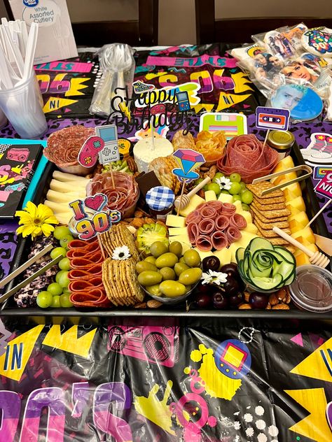 90s Themed Charcuterie Board, 90s Theme Party Food Ideas, 90s Charcuterie Board, 90’s Food, 90s Party Food Ideas, 90s Cookout, 80s Party Foods, Nostalgia Party, 90s Halloween Party