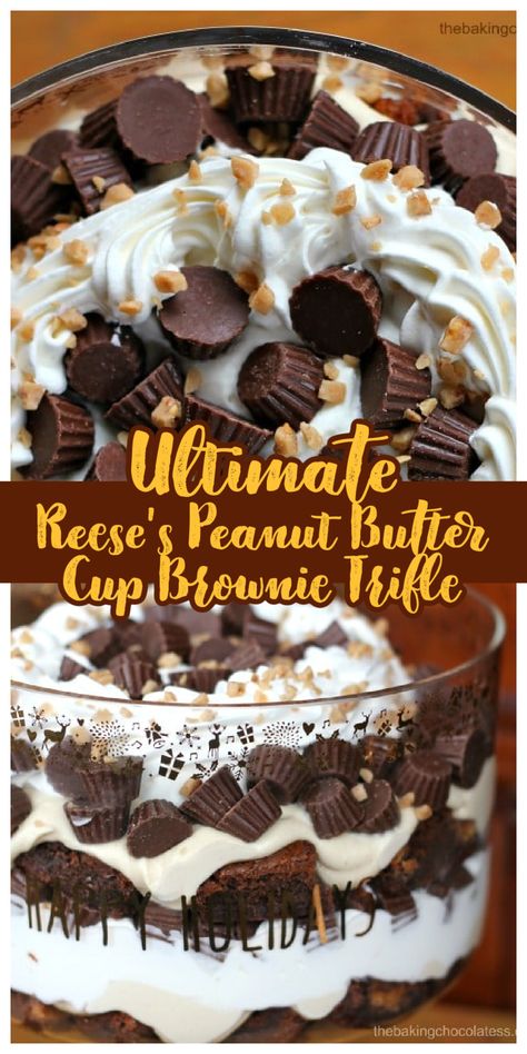 Chocolate Trifle Desserts, Cup Brownie, Trifle Bowl Recipes, Trifle Dessert Recipes, Brownie Pudding, Peanut Butter Cup Brownies, Brownie Trifle, Reese's Peanut Butter Cup, Dessert Truffles