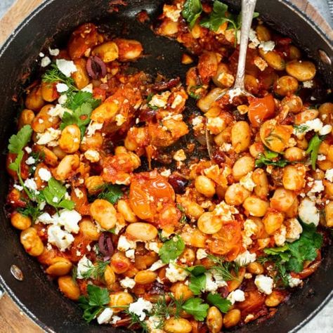 Butter Beans Saganaki - Cooked & Loved Saganaki Recipe, Greek Shrimp, Butter Beans Recipe, Mediterranean Breakfast, How To Soak Beans, Canned Butter, Butter Beans, Sauteed Vegetables, Crushed Red Pepper Flakes