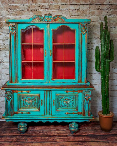 Hey Everyone! Just to let you know this piece is AVAILABLE for purchase on my Website & Etsy Shop! Jacobean Buffet, Boho Style by Texas… Hutch Boho, Modern Farmhouse Hutch, Painted China Hutch, Painted China Cabinet, Black China Cabinet, Cow Print Chair, Jacobean Buffet, Turquoise Painted Furniture, Painted China Cabinets