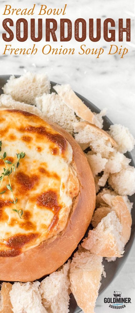 Sourdough Bread Bowl French Onion Soup Dip: Love melty cheesy appetizers? This French Onion Soup Dip is for you! Serve it inside a California Goldminer Sourdough Non-GMO Boule with pieces of the bread filling as dipping croutons.  #appetizers #holidayentertaining #frenchonionsoup #dips #breadbowl French Onion Bread Bowl, Sourdough Bowl Dip, Bread Bowl Dinner Ideas, French Onion Soup Bread Bowl, Sourdough Appetizers, French Onion Soup Dip, Onion Soup Dip, Cheesy Appetizers, Cooking Decor