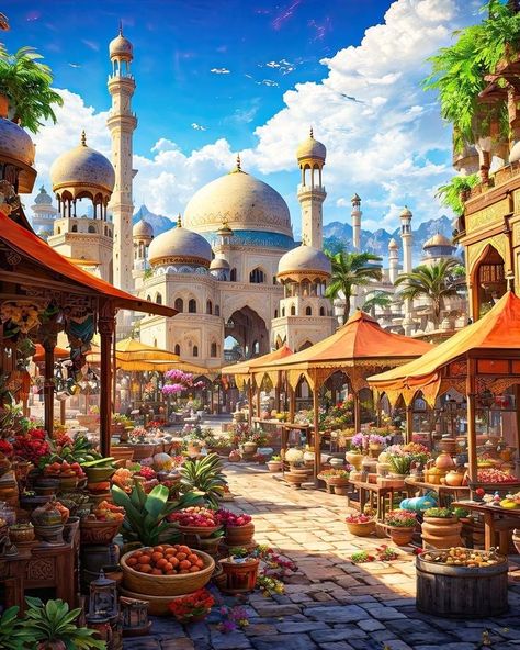 Fantasy Arabian City, Arabian City Fantasy Art, Fantasy Landmarks, Fantasy Places City, Fantasy Desert City, Fantasy City Concept Art, Arabian Castle, Islamic Art Painting, Painting Islamic