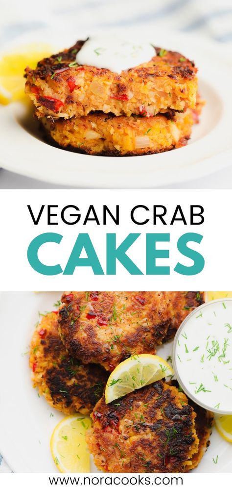 Nora Cooks Vegan, Baked Crab Cakes, Quick Vegan Dinner Recipes, Vegan Crab Cakes, Nora Cooks, Vegan Seafood, Vegan Crab, Vegan Appetizer, Lemon Aioli