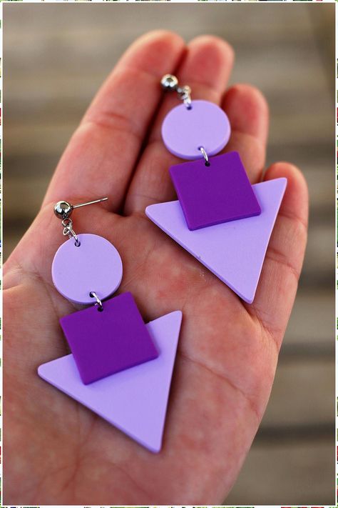 Add a touch of elegance to your jewelry collection with minimalist jewelry from Amazon. 80s Clay Earrings, Purple Clay Earrings, Triangle Earrings Dangle, Cercei Din Lut Polimeric, Lilac Earrings, Large Dangle Earrings, Round Dangle Earrings, Polymer Earrings, Polymer Clay Jewelry Diy