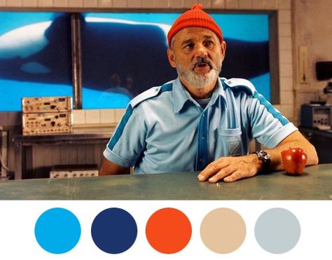 Wes Anderson Palettes - The Life Aquatic with Steve Zissou Wes Anderson Color Palette, Wes Anderson Aesthetic, Wes Anderson Style, Movie Color Palette, Steve Zissou, Split Complementary, Wes Anderson Movies, Wes Anderson Films, Moonrise Kingdom