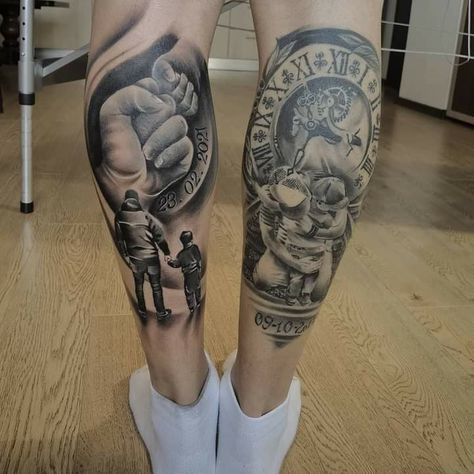 Daughter Tattoo For Men, Children Tattoos For Men, Father And Son Tattoo Design, Dad And Son Tattoo Ideas, Tattoos For Your Son, Daughter Tattoo For Father, Father And Son Tattoo, Family Sleeve Tattoo, Flower Leg Tattoos