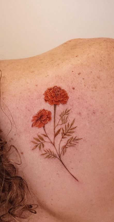 Marigold Petals Tattoo, Mexican Marigold Tattoo, Cosmos And Marigold Tattoo, Calendula Flower Tattoo, Orange Flower Tattoo, Mexican Tattoo For Women, Marigolds Tattoo, October Tattoo Ideas, Marigold Tattoos