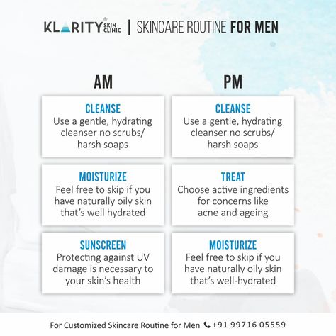 These are some simple and no fuss skin daily (am/pm) skincare routine for Men! To know more about customized Skincare Routine for Men, Call +91 99716 05559 #skincareformen #mensskincare #menskincareproducts #menskincareroutine #amskincare #pmskincare #skinconcern #skincarejunkie #klarityskinclinic #dermatologistdelhi #gk2 #newdelhi Am Pm Skincare Routine, Oily Skin Men, Pm Skincare Routine, Pm Skincare, Mens Skincare, Facial Routine Skincare, Men Skin Care Routine, Skincare For Oily Skin, Facial Routines