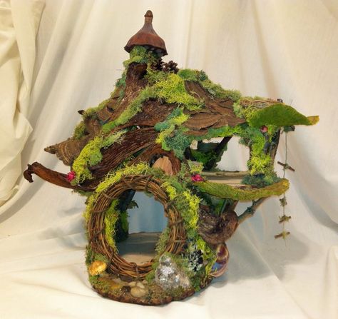 Custom made to order fairy house / dollhouse/ two story with rope ladder. Contact: forstwim@sonic.net Casa Do Hobbit, Wall Hanging Ideas, Fairy Tree Houses, Fairy House Crafts, Fairy Village, Fairy House Diy, Fairy Home, Fairy Garden Designs, Fairy Garden Crafts