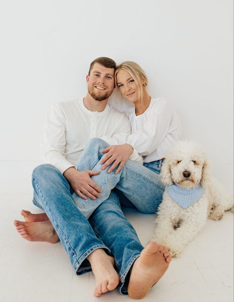 Tristen and Jack are from opposite sides of the country. Work brought both of them to Idaho Falls where they were destined to meet. These two perfectly compliment each other and will be getting married later this summer! Denim And White Shirt Couple Photoshoot, Denim And White Couple Photoshoot, Jcpenney Couples Photoshoot, Engagement Photos With Pets, Couples Christmas Photoshoot With Dog, Couple Photoshoot Jeans, White Shirt Blue Jeans Couple Photoshoot, Denim And White Family Pictures, Denim Couple Photoshoot