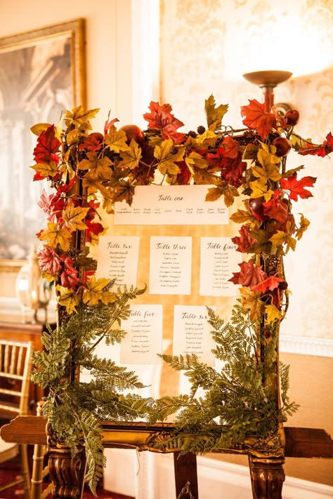 Autumn Woods Wedding, Wedding Decor Autumn Theme, Seating Chart Wedding Ideas Fall, Fall Foliage Wedding Decor, Fall Card Table Wedding, Rustic Autumn Wedding Decorations, Fairytale Fall Wedding, Autumn Woodland Wedding, Wedding Table Decorations Autumn