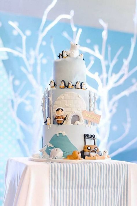 Arctic Animal Birthday Party Arctic Animal Birthday Cake, Arctic Birthday Cake, Arctic Animal Cake, Arctic Animals Birthday Party, Artic Cake, Arctic Backdrop, Artic Party, Winter Gender Reveal Party, Arctic Cake