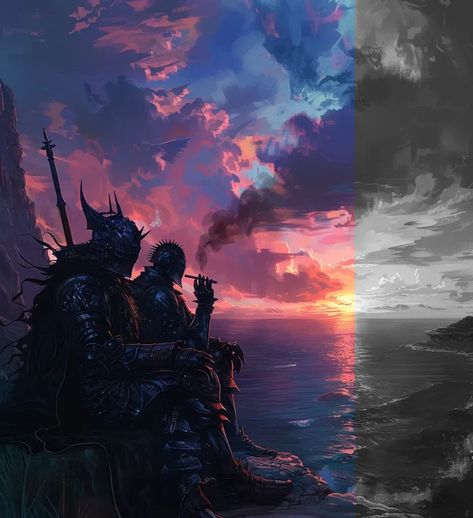 Full Color Image in ai-img-gen.com 🔸 Two knights in black armor smoking cigarettes, sitting on the edge of an ocean cliff at sunset, in t... 🔸 From Midjourney AI Image Dark Knight Art, Two Knights, Ocean At Sunset, Sitting On The Edge, Ocean Cliff, Dramatic Clouds, Sunset Over The Ocean, Vast Ocean, Black Armor