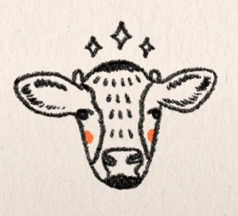 Cow Stick And Poke, Cow Bell Drawing, Cow Vintage Illustration, Cow Standing Up Drawing, Tiny Bull Tattoo, Longhorn Doodle, Ghost Animals Drawing, Cow Tattoo Traditional, Cow Jumping Over The Moon Tattoo