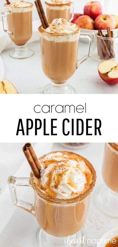 Hot Caramel Apple Cider, Autumn Sweets, Autumn Cooking, Fun Beverages, Autumn Drinks, Caramel Drinks, Caramel Apple Cider, Apple Cider Drink, Fall Drink Recipes