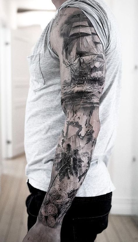 235+ Remarkable Pirate Tattoos Ideas For Men and Women (2022) - TattoosBoyGirl Ship Tattoo Sleeves, Nautical Sleeve, Pirate Ship Tattoos, Nautical Tattoo Sleeve, Pirate Tattoo, Marvel Tattoos, Nautical Tattoo, Cat Tattoos, Tattoos Geometric