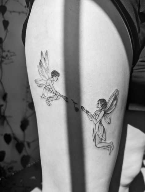 Two fairies shareing a gift Matching Fairy Tattoos, Two Fairies, Sisters Tattoo, Fairy Tattoo, Sister Tattoos, Simplistic Tattoos, Tattoo Inspo, Small Tattoos, Flower Tattoo