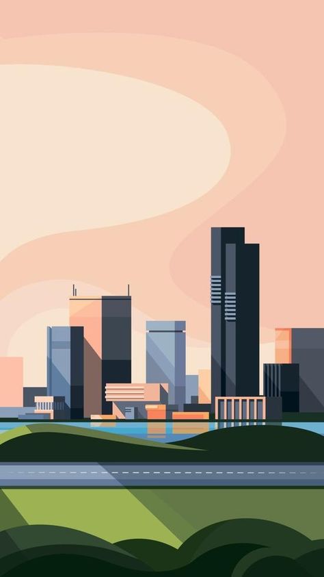 Cityscape with road and lake. Urban scenery in vertical orientation. City Road Background, Vertical City Concept, City Vector Art, Skyline Digital Art, Vector Cityscape, Silhouette Buildings City Skylines, Vector Game, City Vector, Illustrator Design Tutorial