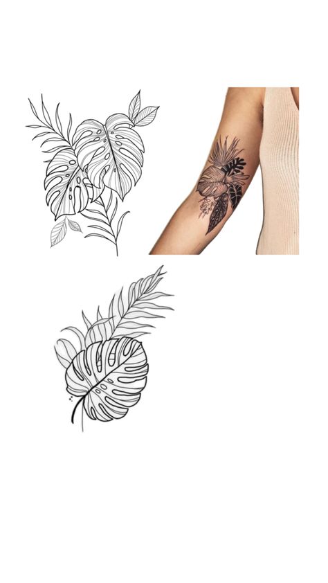 Jungle Foliage Tattoo, Leaf Elbow Tattoo, Jungle Leaves Tattoo Design, Monstera Tattoo Minimalist, Amazon Rainforest Tattoo, Hawaiian Leaf Tattoo, Tiny Plant Tattoo, Monstera Tattoos Leaves, Floral Elbow Tattoo