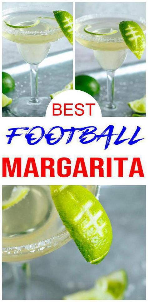 margarita glass with salted rim filled with tequila margarita & lime etched to look like football Football Sunday Cocktails, Tailgate Margaritas, Football Punch Alcohol, Football Cocktail Recipes, Football Drinks Cocktails, Superbowl Drinks Alcoholic, Super Bowl Sunday Drinks, Super Bowl Drinks Alcoholic, Super Bowl Drink