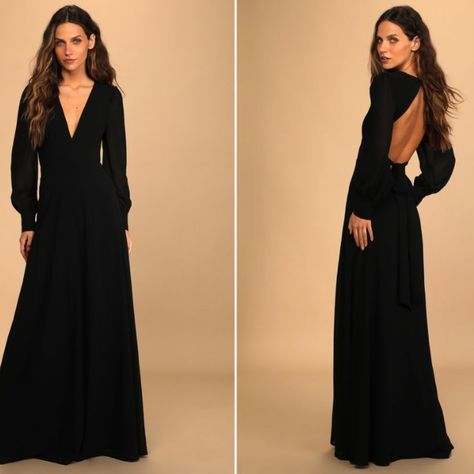 $88 Retail Llulus Long Sleeve Romantic Flowy Bridesmaid Wedding Formal Gown Large Nwot **Sold Out Online!*** The Lulus Talk About Divine Black Long Sleeve Backless Maxi Dress Is A Dreamy Combination Of Classy And Sexy! Lightweight Woven Chiffon Shapes This Gorgeous Dress That Has A Plunging V-Neckline And Sheer Long Sleeves With Button Cuffs. A Princess-Seamed Bodice Tops A Set-In Waist And A Cascading Maxi Skirt. The Alluring Open-Back Design Is Accented With A Tying Sash And Button Closure At Homecoming Photoshoot, Bridal Cocktail Party, Wedding Pastel, Ideal Aesthetic, Wedding Dress Low Back, Teal Cocktail Dress, Ivory Lace Dress, Backless Maxi Dress, Black Dress With Sleeves