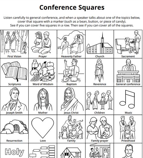 30 General Conference activity ideas for kids & preschoolers Lds Conference Bingo Free Printable, Lds Conference Bingo, General Conference Bingo 2023, General Conference Bingo Printables, General Conference Bingo 2024, General Conference Activities 2023, General Conference Bingo Free, October 2023 General Conference Packets, General Conference Activities For Teens