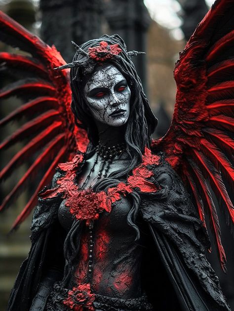 Female Necromancer Cosplay, Woman Demon Costume, Demon Wings Diy, Female Demon Costume, Evil Angel Costume, Demon Costume Female Halloween, Demon Nun, Demon Fairy, Demon Cosplay