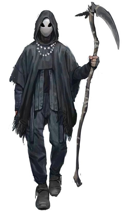 Grim Reaper Oc Male, Raven Character Design, Dnd Character Mask, Grim Reaper Character Design, Reaper Character Design, Hooded Character Art, Raven Monster, Mask Rpg, Blind Character Design