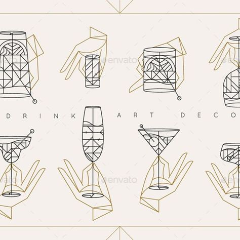 Drink Art Deco Art Deco Drinking Glasses, Art Deco Wine Bar, Art Deco Objects Design, Art Deco Bar Design Inspiration, Art Deco Triangle, Art Deco Branding Design, Bar Illustration Art, Art Deco Web Design, Art Deco Menu Design