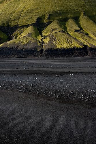 More surreal imagery from the Emstrur highlands -- black sand and bright green moss-covered mountains. Into The Wild, Iceland Travel, Black Sand, Reykjavik, Amazing Nature, Land Scape, Beautiful World, Beautiful Landscapes, Wonders Of The World