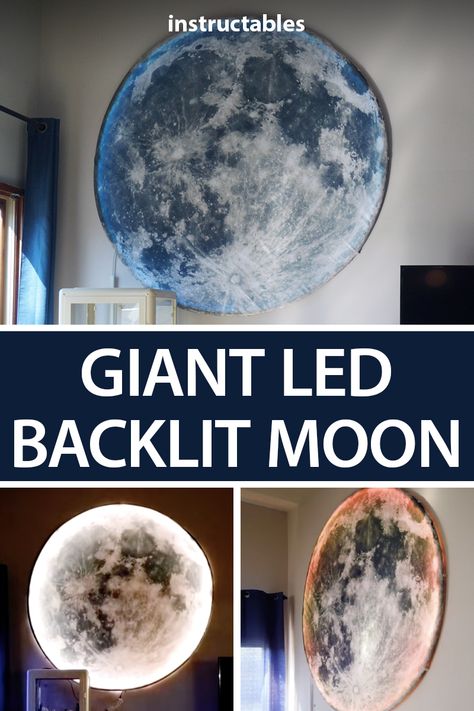 Easily create an inexpensive, light-up moon wall hanging from a shower curtain. #decor #wallart #decoration #space #art #lighting #Instructables #homedecor #howto #LEDlighting #LEDlights #LEDproject #lightingdecor #lightingdesign #maker #makezine Ipad Wallpaper 3d, Painting Ideas Wall, Boys Space Room, Boys Space Bedroom, Outer Space Room, Outer Space Bedroom, Galaxy Bedroom, Space Kids Room, Galaxy Room