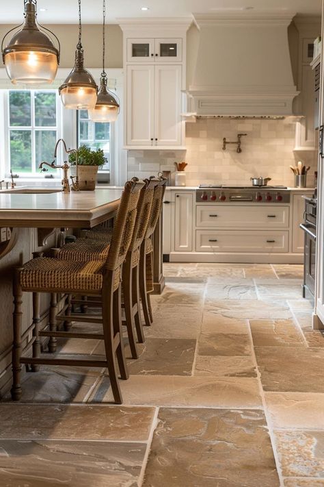 Country Kitchen Flooring Ideas, Rustic Kitchen Flooring Ideas, Modern Farmhouse Kitchen Flooring, Kitchens With Tile Floors, Stone Flooring Kitchen, Stone Floor Kitchen, Farmhouse Kitchen Flooring Ideas, Farmhouse Floors, Stone Kitchen Floor