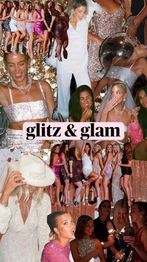 Glitz and glam bachelorette theme Glitz And Glam Bachelorette Party Vegas, Sparkle 30th Birthday Party, Sparkle Hen Do Theme, Glitz And Glam Moodboard, 21st Themes Dress Up, Bachelorette Inspo Glitz And Glam, Glitz And Glam Bachelorette Outfit, Glam Barbie Bachelorette, Glam And Glitter Theme Party