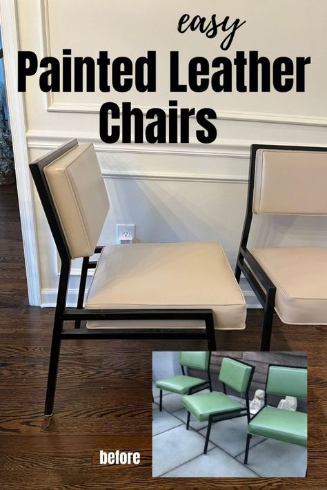 These painted leather chairs were so easy to do. The paint gave outdated green leather, mid-centure modern chairs just the update they need. Painting Faux Leather Furniture, Painting Leather Furniture, Painted Leather Chair, Ikea Malm Nightstand, Refurbished Chairs, Faux Marble Countertop, Painting Ikea Furniture, Black Leather Dining Chairs, Restore Wood