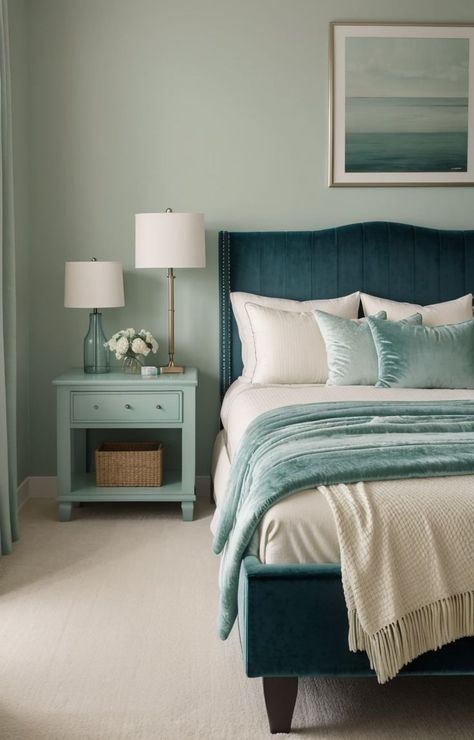 Sea Green Bedrooms, Light Teal Bedroom, Teal Blue Bedroom, Blue Green Bedrooms, Light Green Bedrooms, Aqua Bedrooms, Mint Green Bedroom, Mint Bedroom, Sage Bedroom