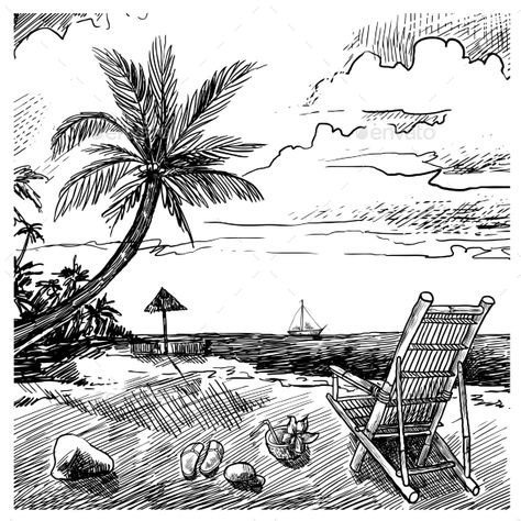 Summer Beach Sketch Beach Sketch, Beach Sketches, Palm Trees Landscaping, Sketch Background, Sketch Free, Crazy Wallpaper, Travel Sketches, Cat Air, Tree Drawing