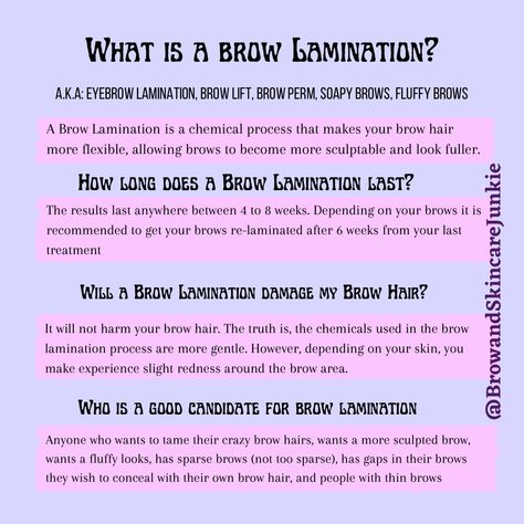 Brow lamination Common Asked Questions Brow Lamination Information, Brow Tech Instagram, Brow Lamination After Care Instructions, Waxing Information, Brow Lamination Business, Brow Lamination Captions, Brow Lamination Price List, Eyebrow Lamination Aftercare, Brow Lamination Step By Step