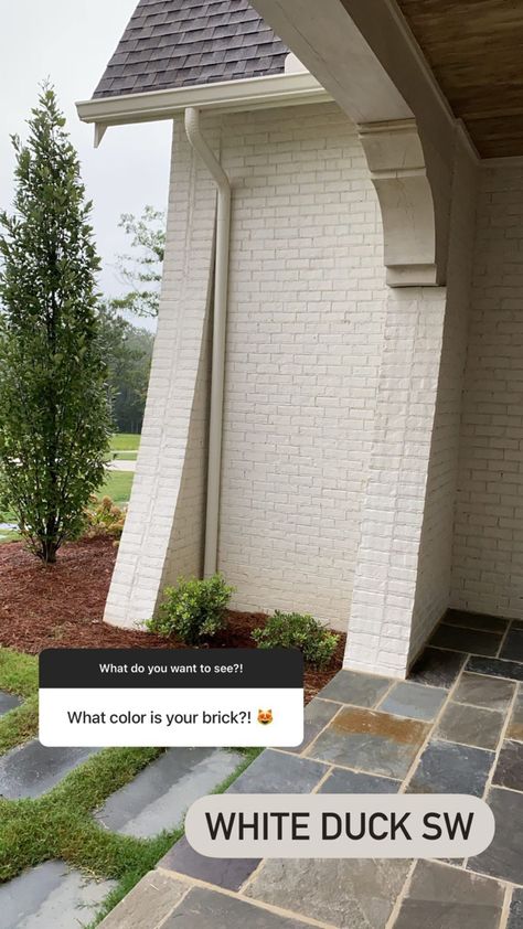 Outdoor Brick House Paint Colors, Adding Character To Your Home Exterior, Cream Ranch House Exterior, Tan Painted Brick House Exterior, Alabaster Brick Exterior, Tan Painted Brick, Creamy White House Exterior, White Brick Colors, German Shmere Brick House