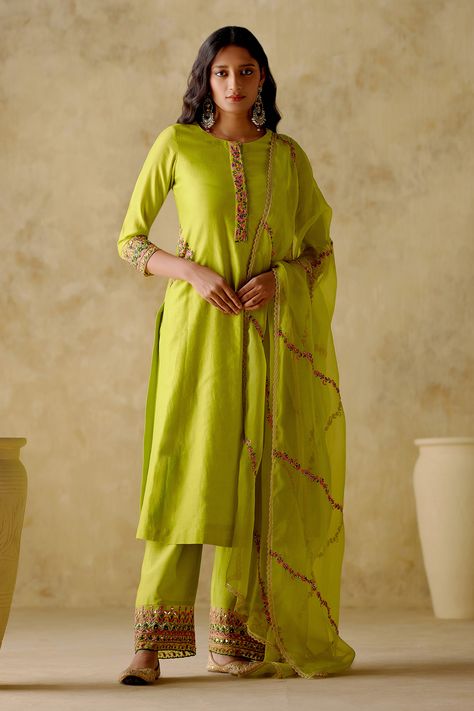 Kurta And Palazzo, Kurta Palazzo Set, Palazzo Set, Cotton Dupatta, Silk Kurta, Indian Suits, Organza Dupatta, Floral Color, Green Silk